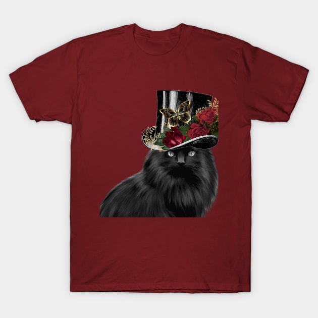 BLACK CAT WEARING TOP HAT WITH RED ROSES T-Shirt by KutieKoot T's